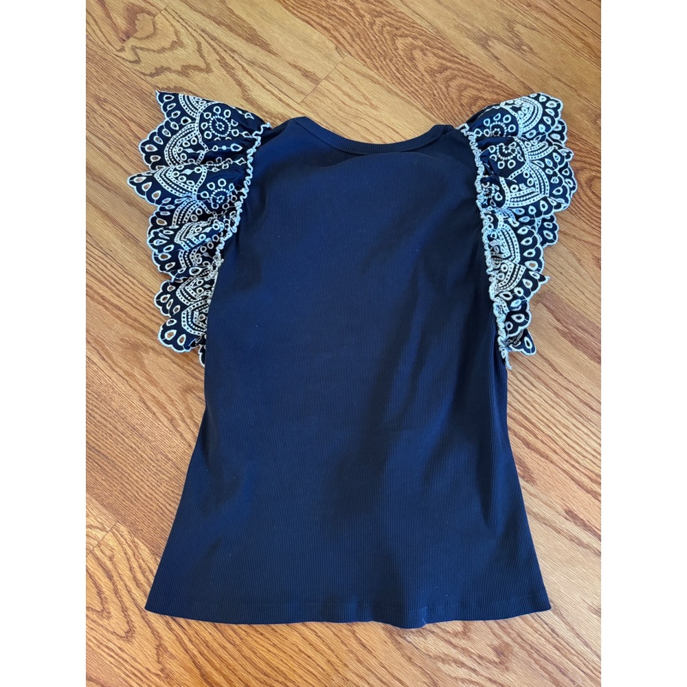 Veronica‎ Beard Navy Ribbed Knit Top White Eyelet Lace Flutter Sleeve Tank Small - Picture 8 of 8